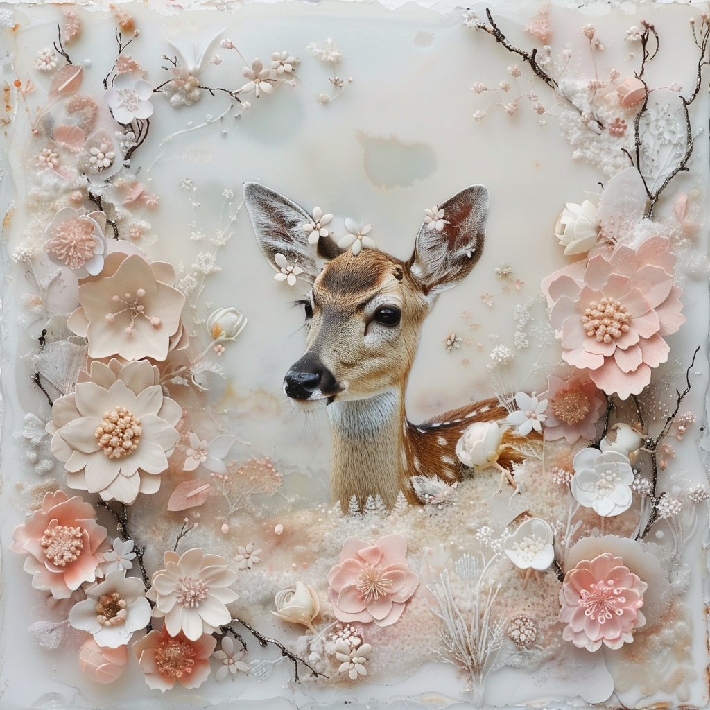 Encaustic Painting, a deer surrounded by flowers, in pink, white and beige