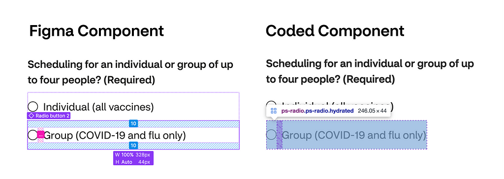 Both the Figma and Coded component of a Radio Button are shown, with developer tools showing that in both cases, each radio button has a height of 44px