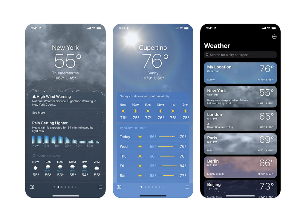 Screenshots of the iOS weather app