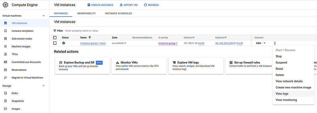 Screenshot of a created VM instance and how to access logs and monitoring sections from the user interface