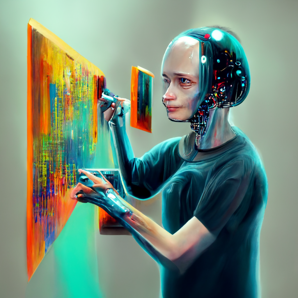 A robotic human painting in an art gallery