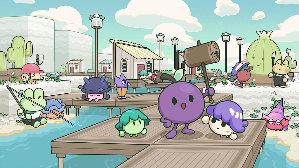 In key art from the videogame Garden Story, a cartoon grape stands at the end of a dock holding a giant wooden mallet high. Next to and behind them are several other anthropomorphic fruits, vegetables, and small animals often found in gardens.