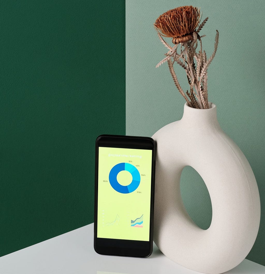Mobile device displaying a donut chart next to a vase in the shape of a donut