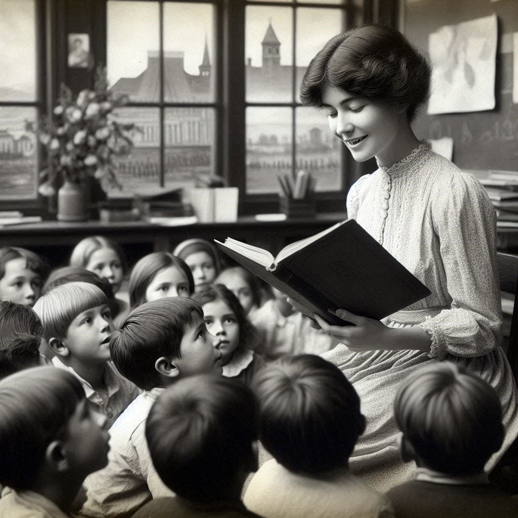 A young woman reads a story to her first grade students at an 1865 primary school.