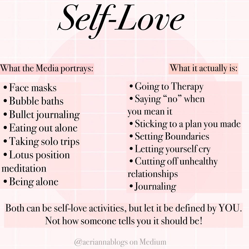 A Self-Love comparison T-Chart comparing society’s version of self-love and the more realistic reality of self-love over a pink background