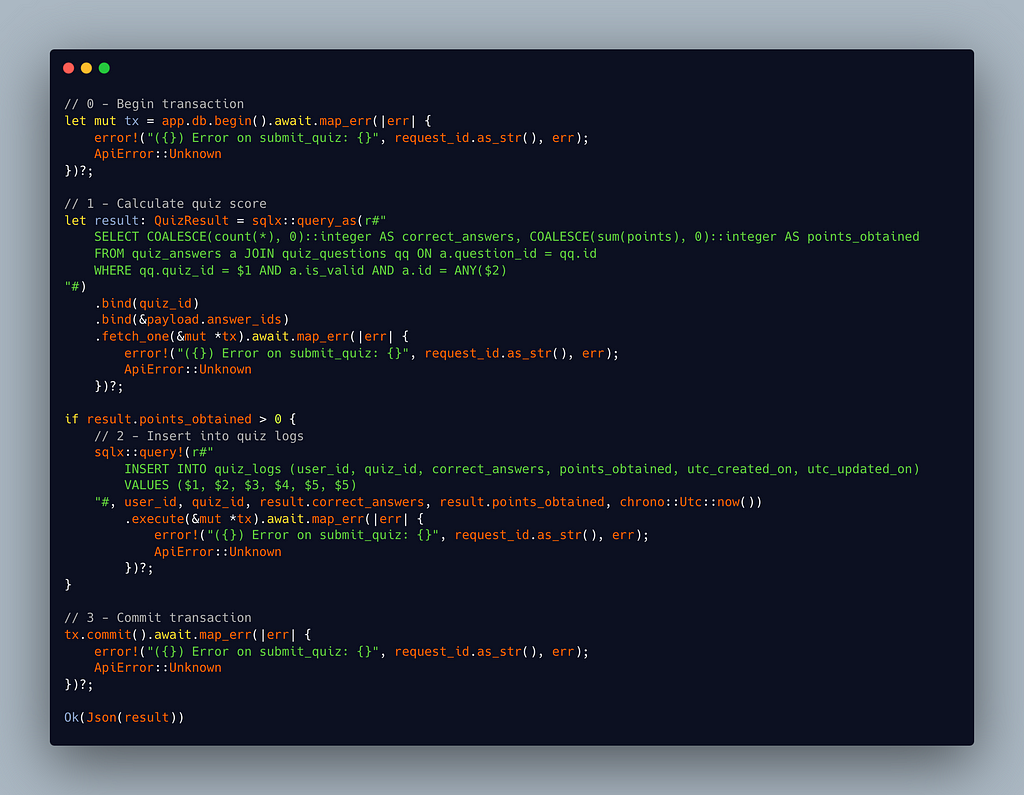 Screenshot of a Rust API code snippet doing multiple database calls to calculate and save the quiz result.