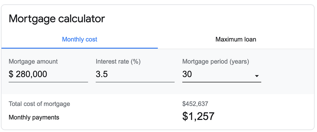 Google mortgage loan calculator