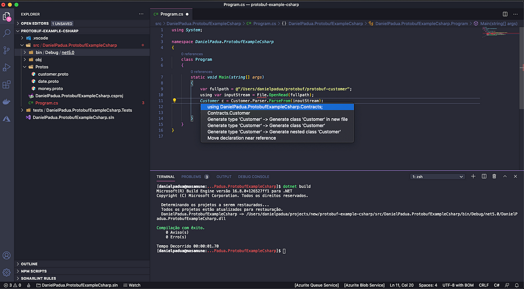 An image showing Visual Studio Code intellisense to import contracts working with protobuf generated classes