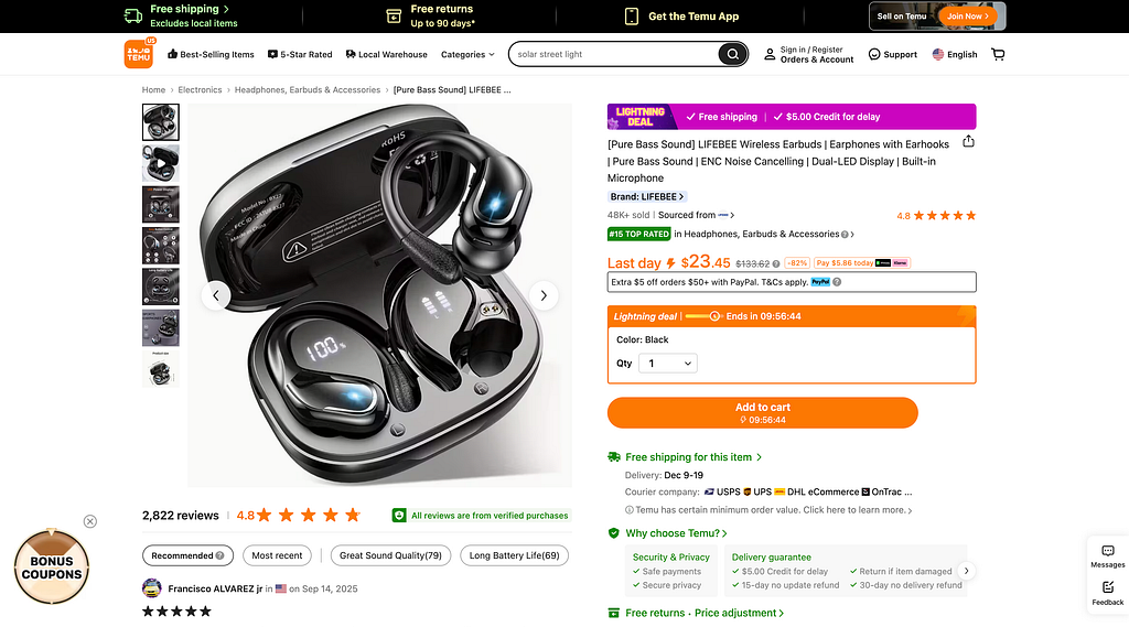 Product page showing wireless earbuds with charging case on Temu.