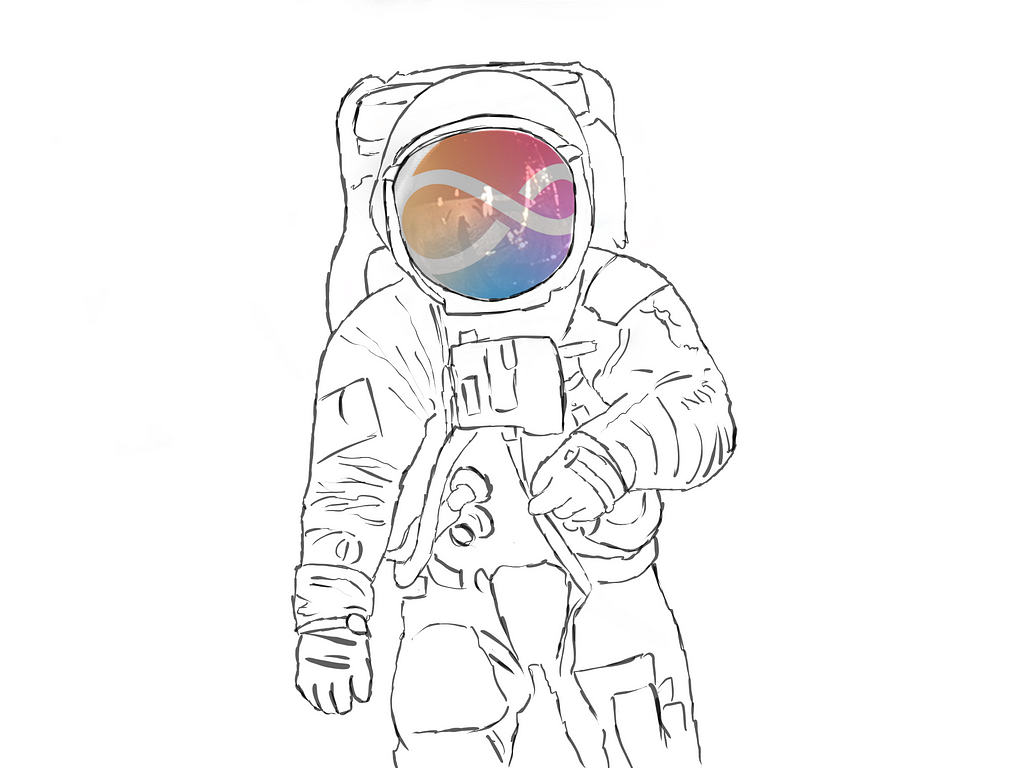 A hand drawn image of an astronaut, with Apple’s “Apple Intelligence” logo superimposed on its helmet.