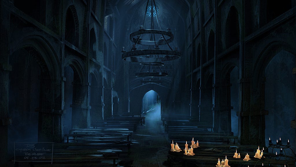 Dark halls in a gothic cathedral