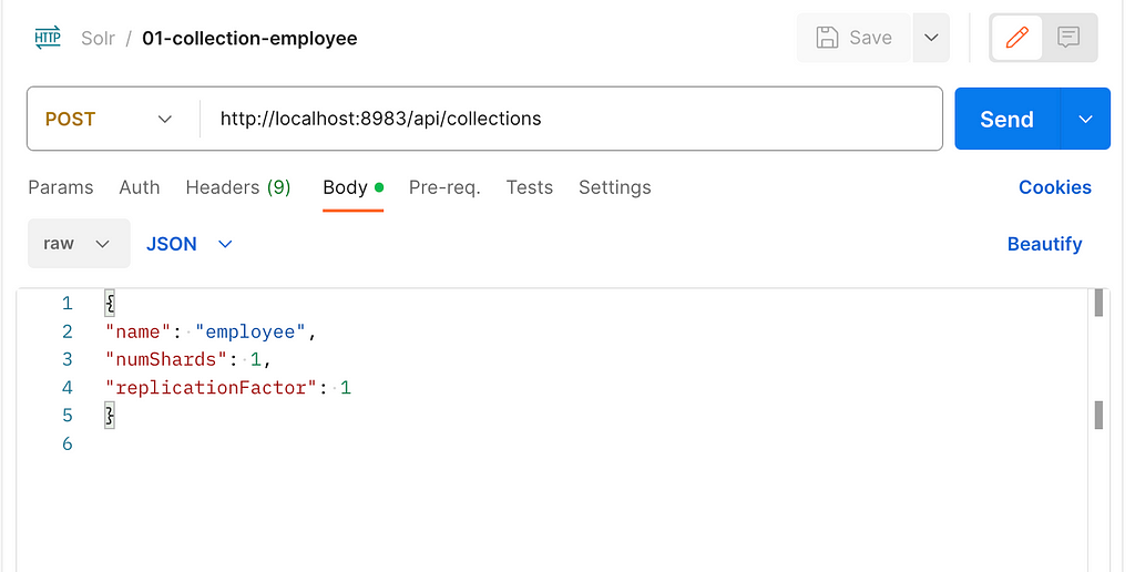 Apache Solr: Creating Colection using Postman