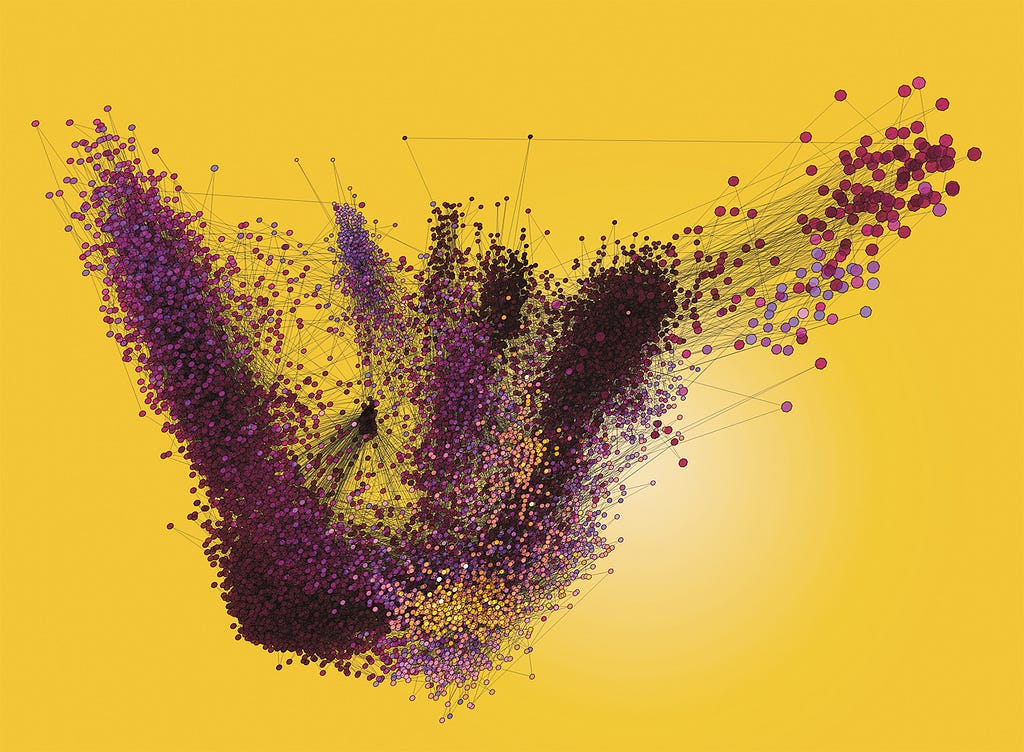 Dense scatter graph with interconnected purple nodes on a yellow background