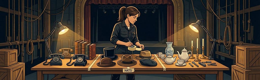 Illustration: The stage manager chooses, makes, prepares, labels and maintains props. Created with Nano Banana.