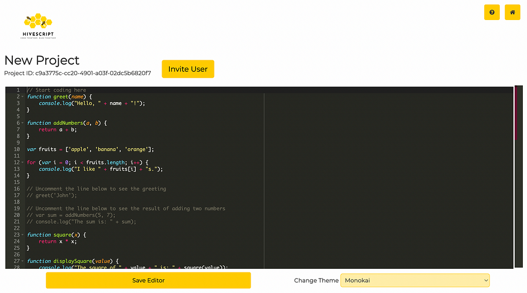 A preview of the code for the collaborative code editor designed from the wireframe sketch.