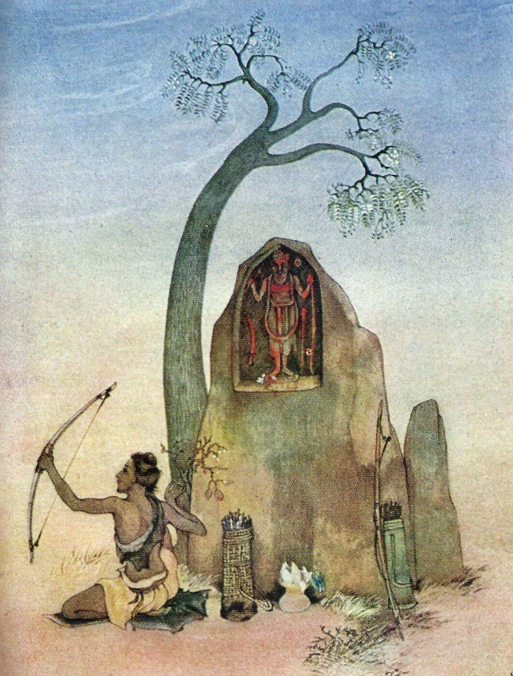 Ekalavya practising archery under a tree in front of a statue of Dronacharya