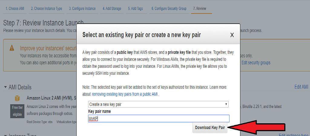 AWS Interface for downloading a private and public key pair