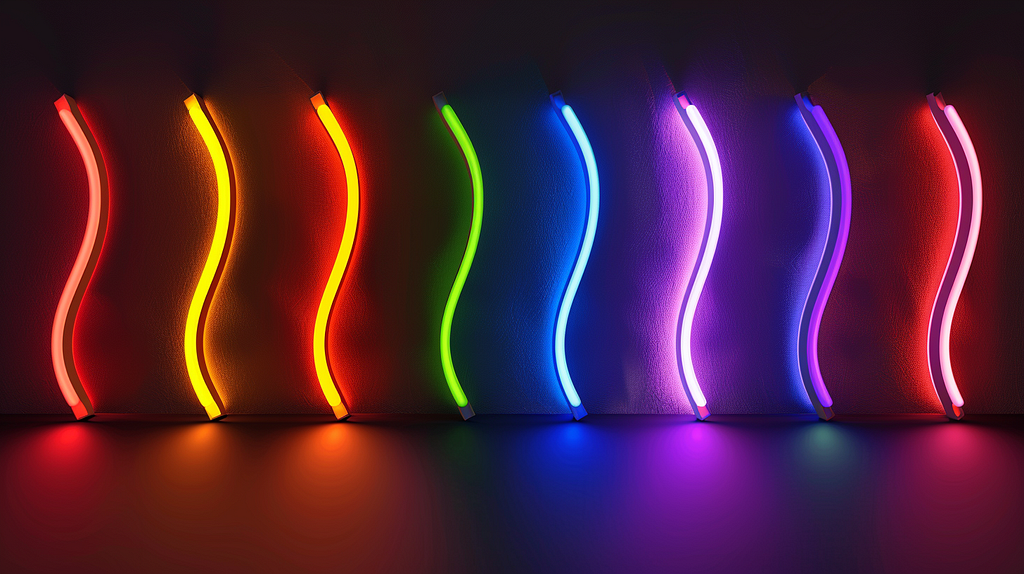 Eight parallel neon bulbs in rainbow colors against a dark background.