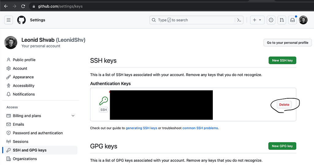SSH and GPG keys page. How to delete SSH key