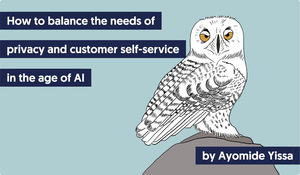 A drawing of a white owl standing on a rock with this text: How to balance the needs of privacy and customer self-service in the age of AI — by Ayomide Yissa