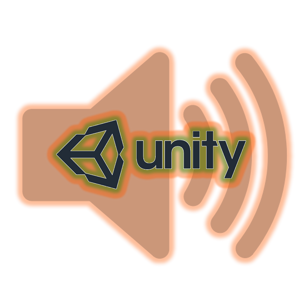 Image of the Unity logo surrounded by glowing orange and green, with a glowing orange sound icon in the background
