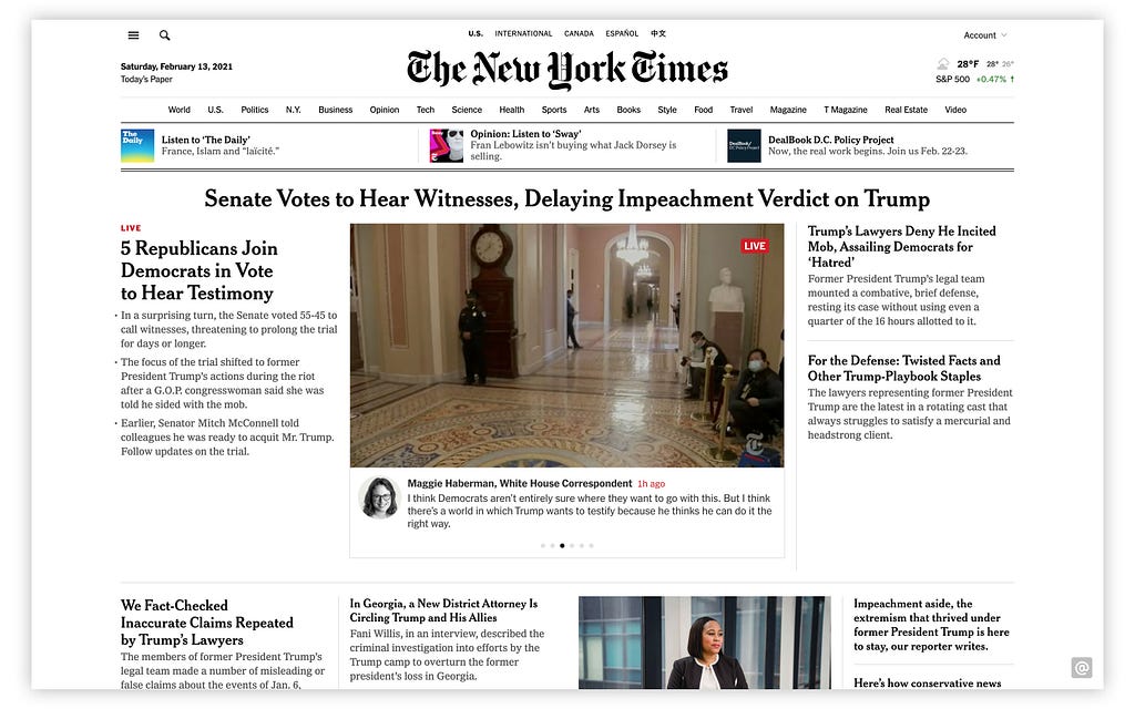Front page, above the fold, of the New York Times website