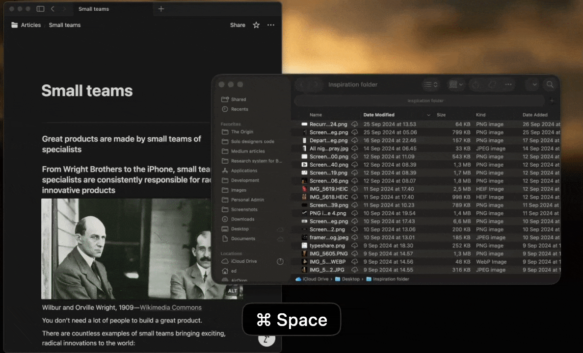 A GIF zooming into the Raycast interface as the word “toggle” is typed in. Then it zooms out as the user’s OS appearance switches from dark to light mode.
