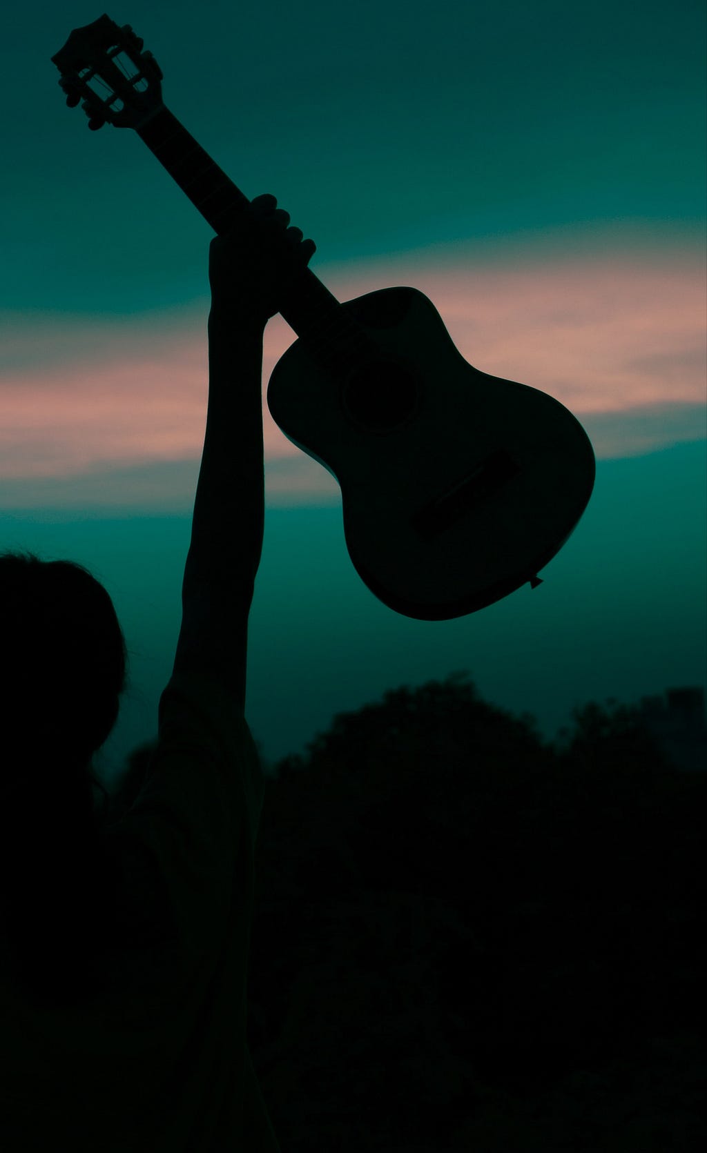 Silhouette of a person holding up a ukulele against a sunset.