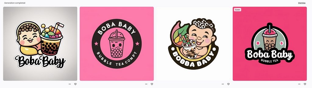 Screenshot of four versions of Ideogram’s text-to-image generation for the prompt “A logo for a bubble tea company called “Boba Baby””. This is a retry of the original prompt.
