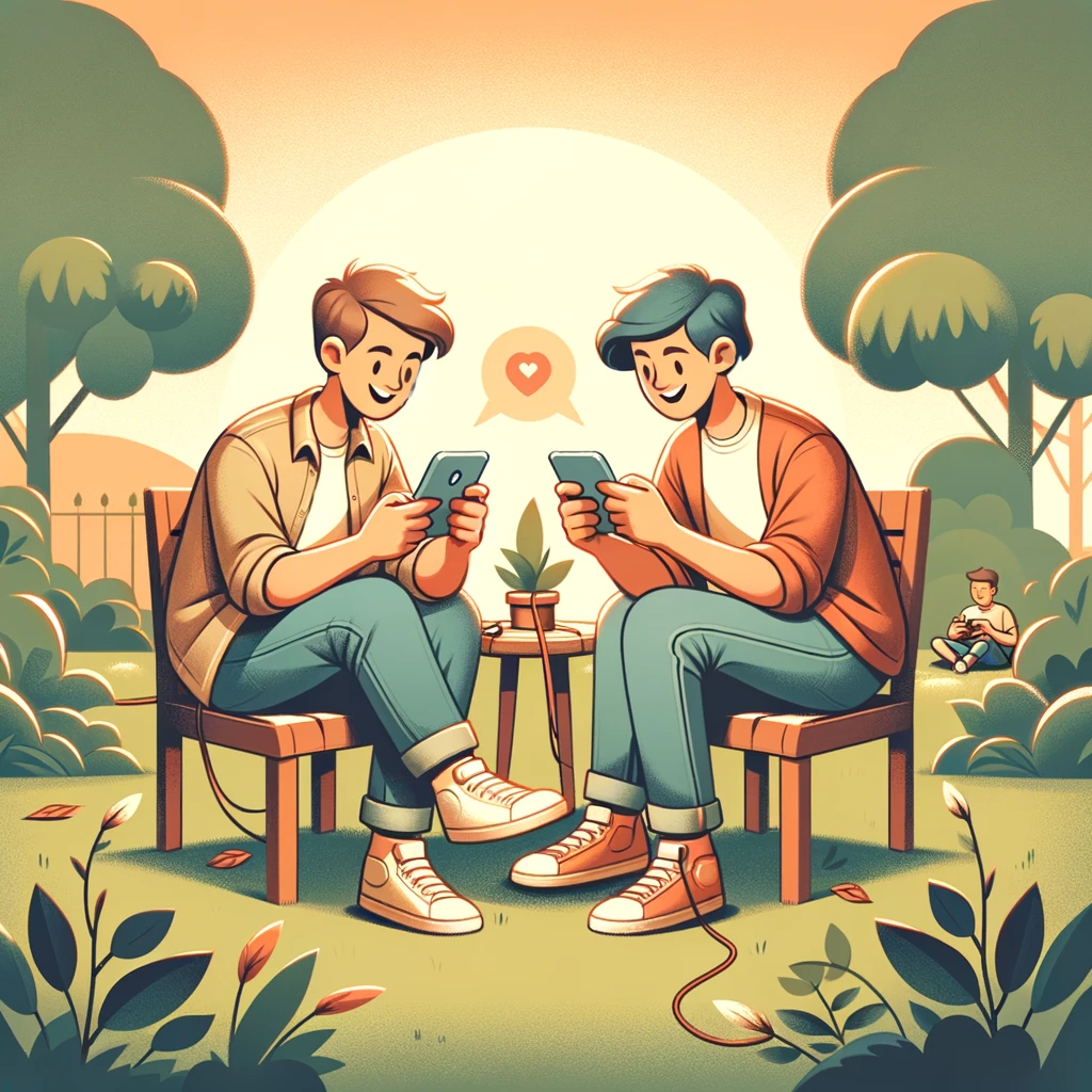 an illustration in a warm, friendly style showing two friends playing games on their smartphones together. They are seated in a park, creating a relaxed and joyful atmosphere that highlights how digital interactions can foster meaningful human connections.