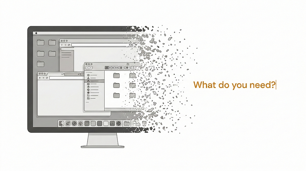 Editorial illustration of a computer screen where the traditional desktop interface — windows, menus, icons, and folders — dissolves into particles from left to right, leaving behind a clean, empty space with a single line of text in warm amber: ‘What do you need?’ The image captures the quiet transition from the old working environment to a new one defined by intention rather than navigation.