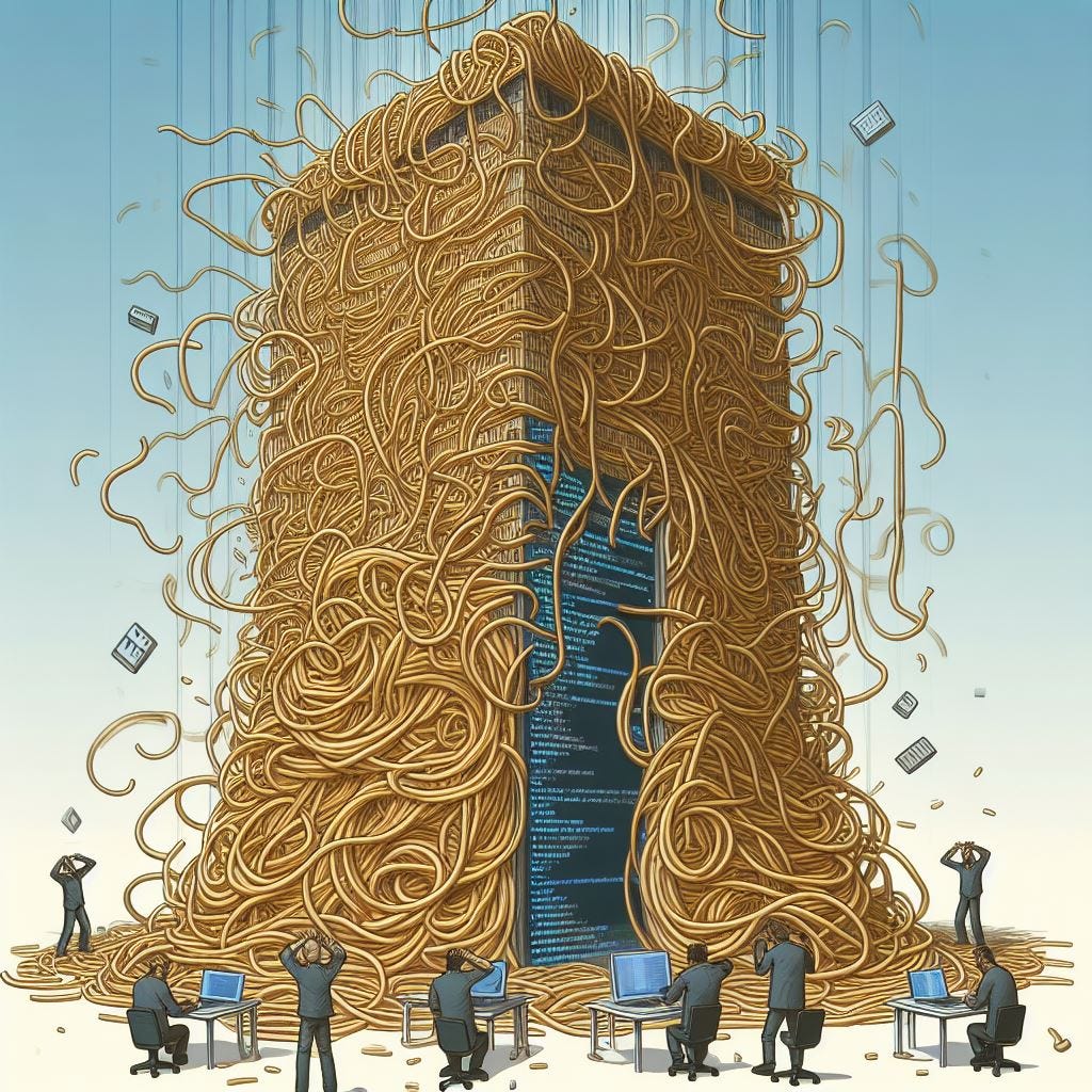 AI generated picture of a monolith with lots of spagetti in it.