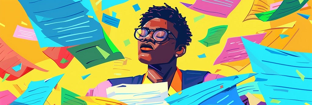 A colourful illustration of a man wearing glasses with his eyes closed surrounded by falling sheets of colourful paper.