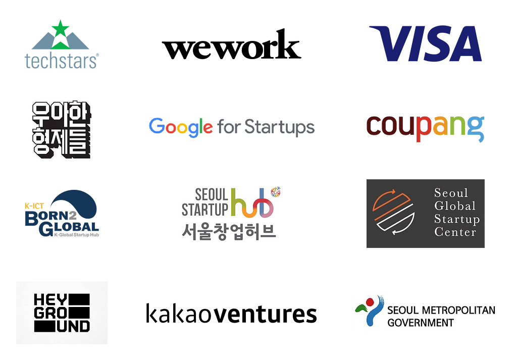 Logos from Techstars, WeWork, Visa, Woowa Brothers, Google for Startups, Coupang, Seoul Startup Hub, Kakao Ventures, etc.