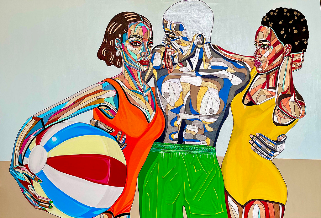 Painting of a man with two women in swimwear with a beach ball.