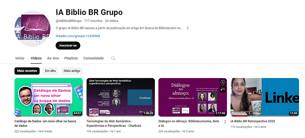 A imagem apresenta a página do YouTube do IA Biblio BR Grupo, com um grupo de vídeos exibidos na tela. Há quatro vídeos no total, cada um com títulos e descrições diferentes.