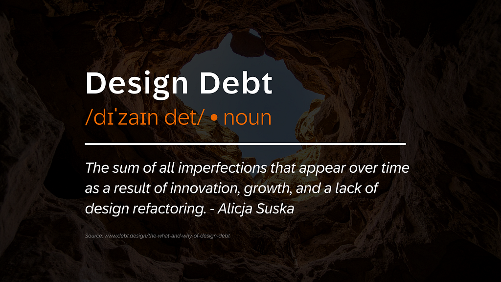 Title “Design Debt” with phonetic spelling “/dizain det/ • noun” over a deep cave background. Below, the definition of design debt reads: “The sum of all imperfections that appear over time as a result of innovation, growth, and a lack of design refactoring.” Source: Alicja Suska.