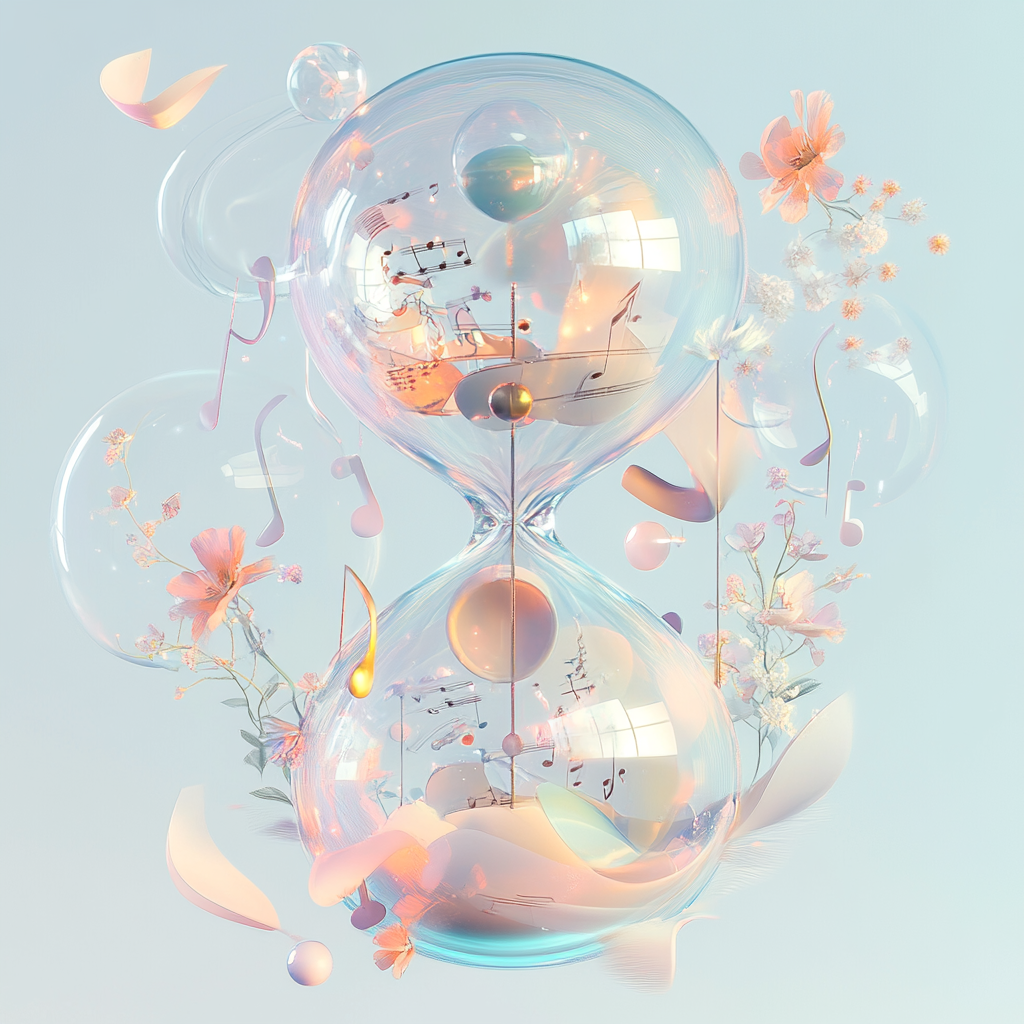 Abstract Expressionism, a translucent hourglass with musical notes and flowers around, with creative idea coming from it, dreamy summer color palette, isometric design, fancy, surrealism, surreal concept art, digital painting, aesthetic, smooth, inspired by Studio Ghibli , beautiful lighting, transparent background