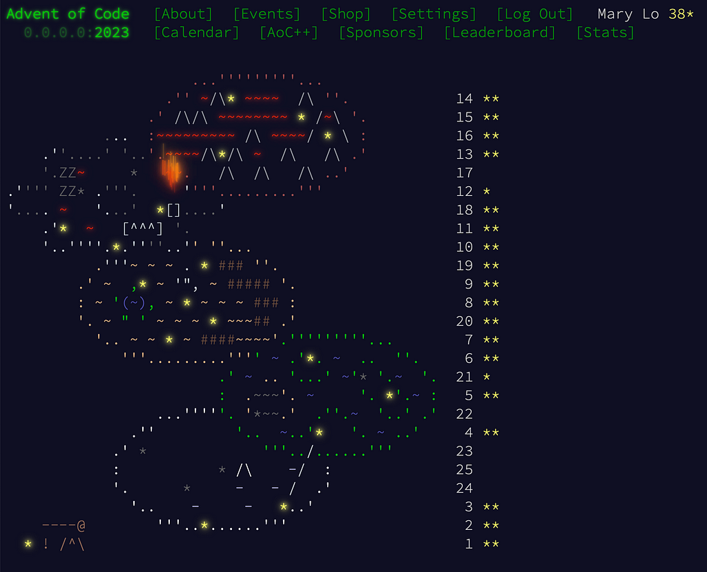 Screenshot of my Advent of Code home page, achieving 38 stars.