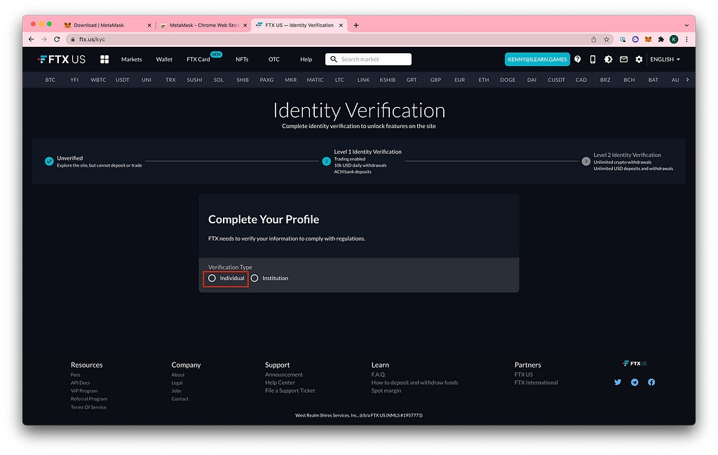 FTX — Identity Verification Screen