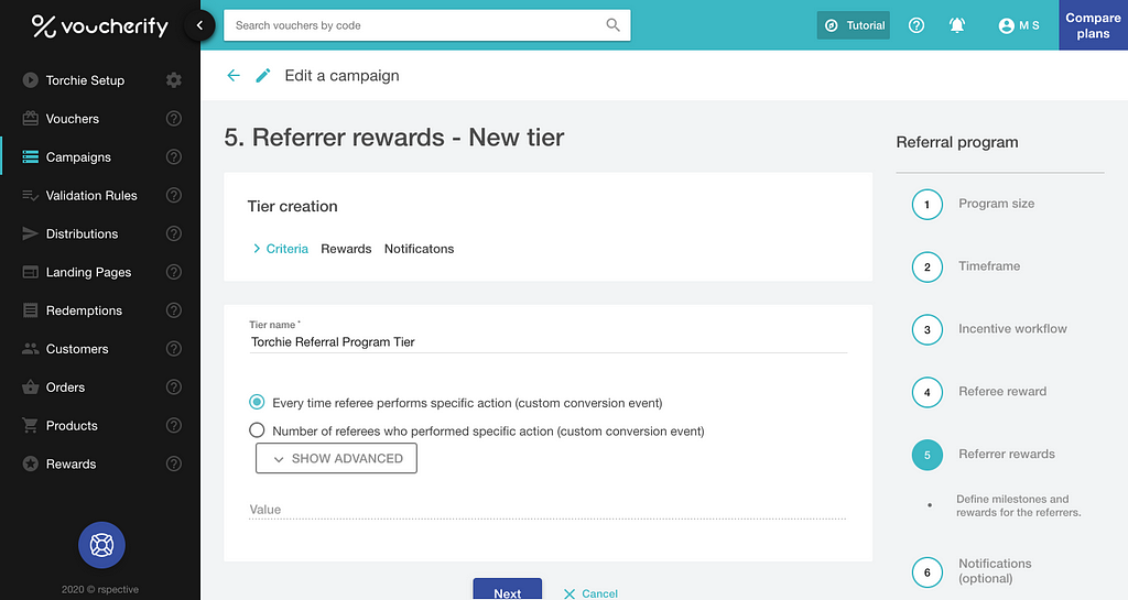 Creating a tier for referrer rewards in Voucherify dashboard
