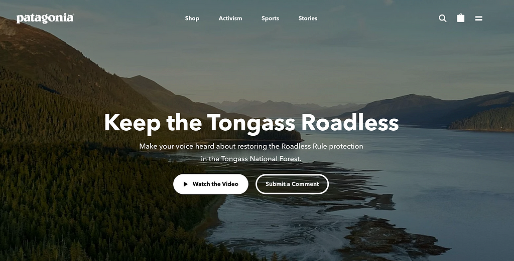 Patagonia’s homepage featuring a fundraiser for Tongass