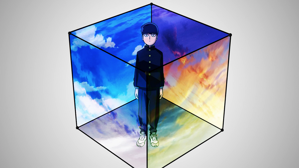 A Japanese boy in a black gakuran (school uniform) and a neat bowl cut stands at the center of a cube decorated with images of the sky at different times of day.
