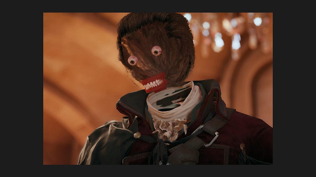 A distorted, glitchy character portrait — eyes and mouth unnaturally warped — taken from a screenshot of Assassin’s Creed Unity.