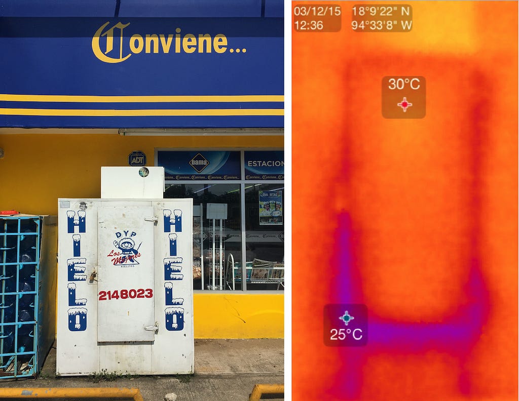 Old ice machine shown leaking cold air with thermal photography