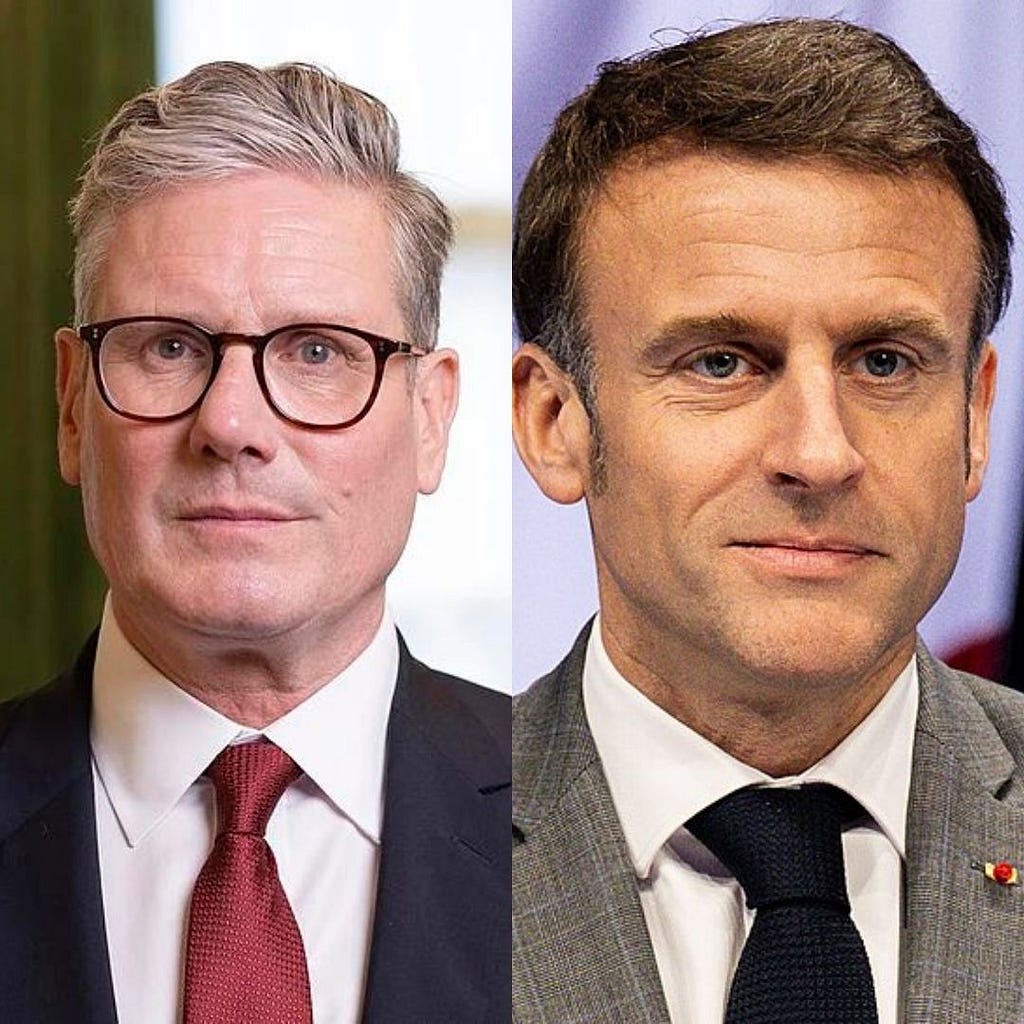 On the left half, a photo of UK Prime Minister Keir Starmer and on the right French President Emmanuel Macron