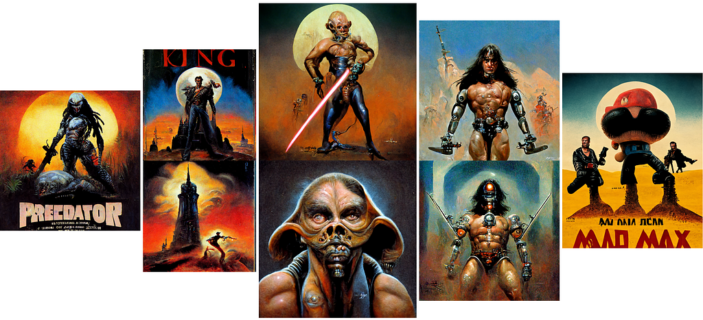 Various Midjourney results: Predator, The Dark Tower, Star Wars, Conan the Barbarian, Mad Max, Super Mario Bros, Frank Frazetta, Boris Vallejo
