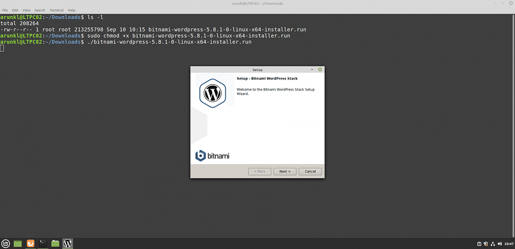 Initiate Bitnami WordPress set up wizard