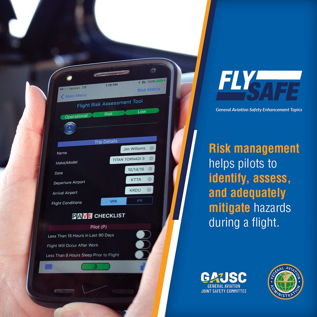 “FlySafe — Risk management helps pilots to identify, assess, and adequately mitigate hazards during a flight.” A hand holding a mobile phone with a FRAC on it.