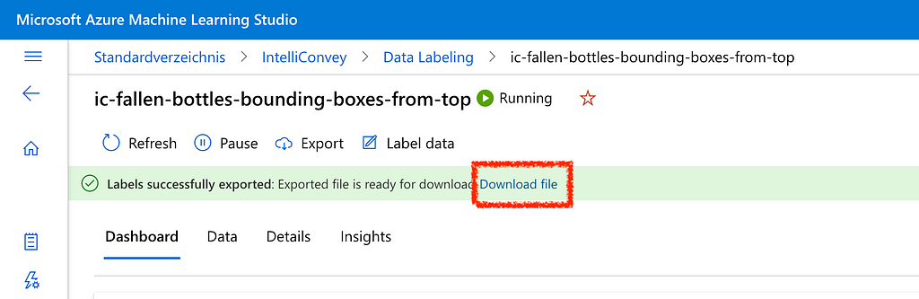 Screenshot showing Azure ML Studio Data Labeling project’s labels successfully exported message. There, you should click on “Download file”.